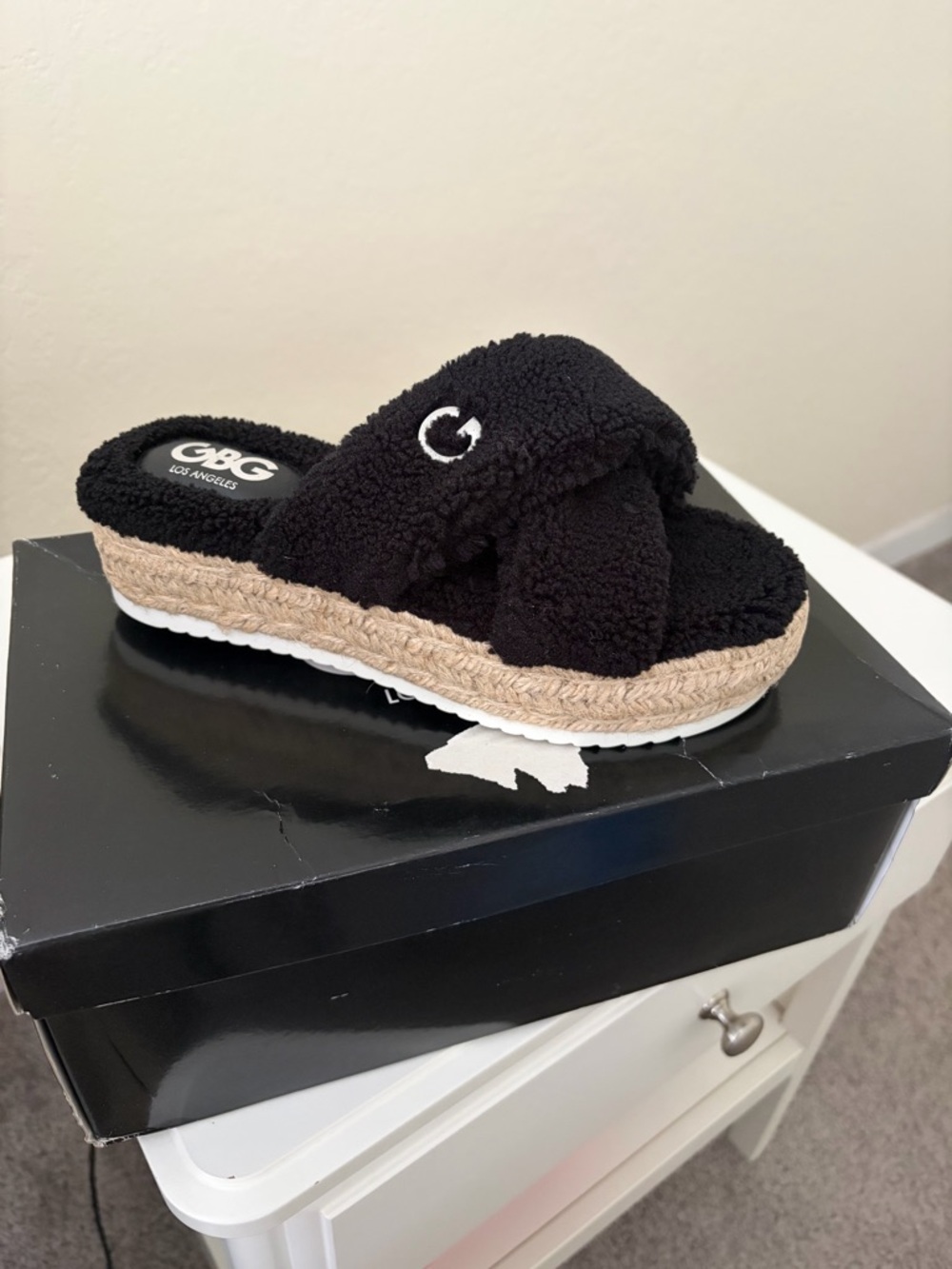 GBG Los Angeles Black Fleece Crossband Espadrille Slide Sandal